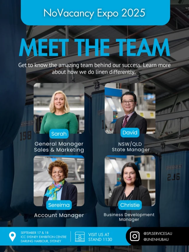 👋 Meet the Team at NoVacancy!
 
The countdown is officially on, just 2 weeks to go until Australia’s biggest Hotel and Accommodation event. 
 
We’re so excited to be part of it again this year and can’t wait for you to experience what we have planned on stand!
 
Find us at Stand location 1130, where you’ll have the chance to meet our team in person and discover how we’re doing linen differently. From streamlining operations, decreasing spend and elevating the guest experience we’re here to support you. 
 
We love connecting with familiar faces and new ones. 
 
We can’t wait to see you there!
#NoVacancyExpo #MeetTheTeam #LinenDoneDifferently #Sydney #Conference #Airbnb #Accommodation #Hotels #Hospitality #Expo