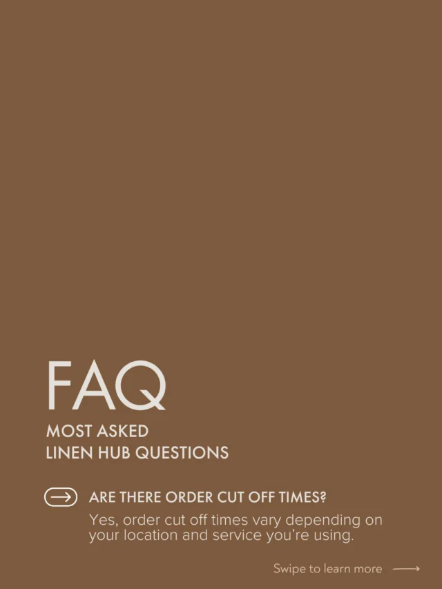 Got questions? We've got answers!

We know that running a business means timing is everything, so we're here to make sure you're never caught off guard when it comes to your linen orders.

Q: Are there order cut-off times?
A: Yes! Cut-off times apply to assist our team in ensuring your linen is packed and delivered on time. As a guide 48 hours in advance is what we ask for - times may vary depending on your location and the service you're using. Still unsure? Just reach out to our team and we'll give you all the details so you can plan ahead with confidence. 

Have a question we didn't cover?
Drop it in the comments or send us a DM 📥

#Linen #FAQ #AUS